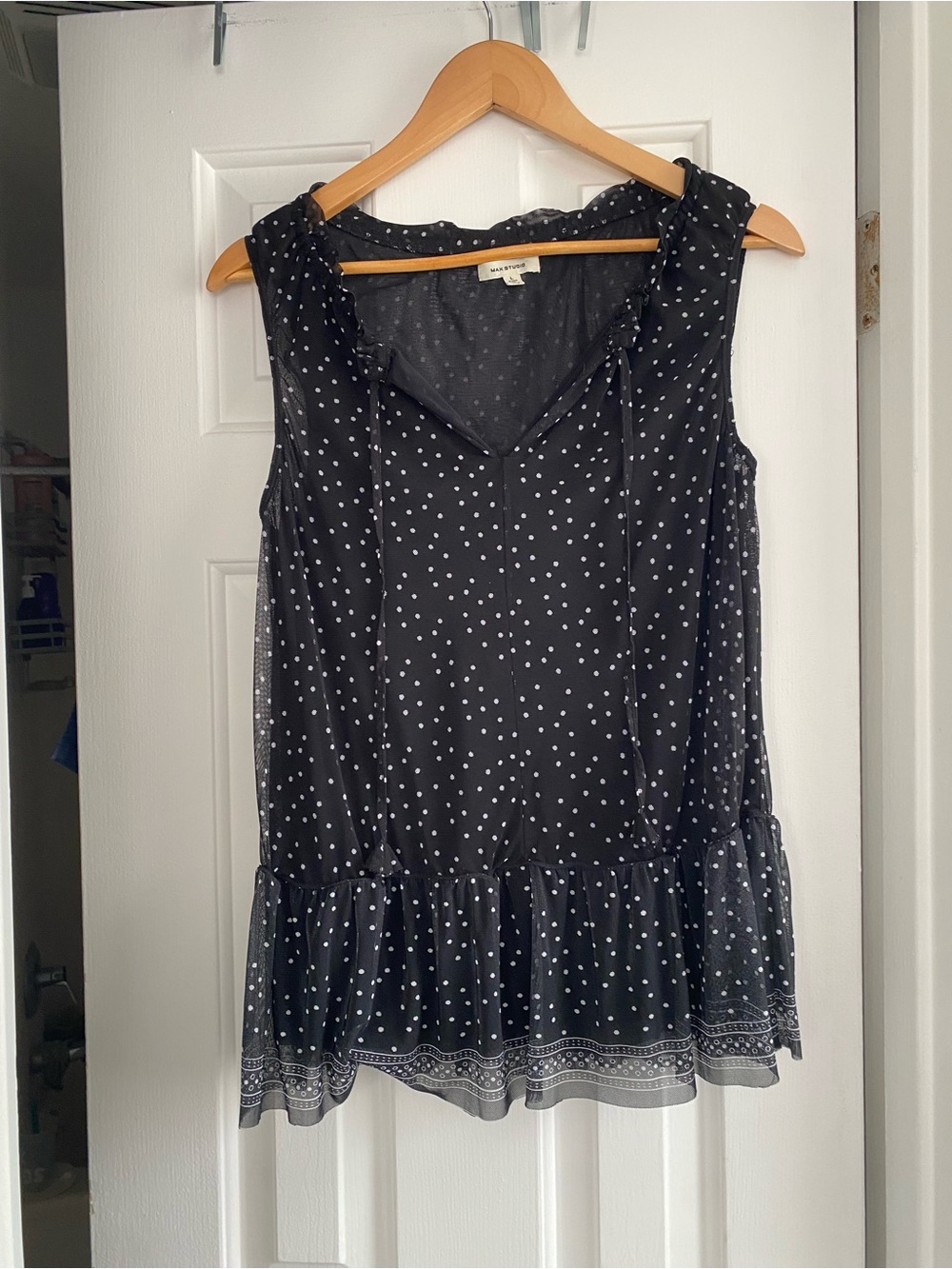 Max Studio Black and White Polka Dot Sleeveless Ruffle Hem Camisole